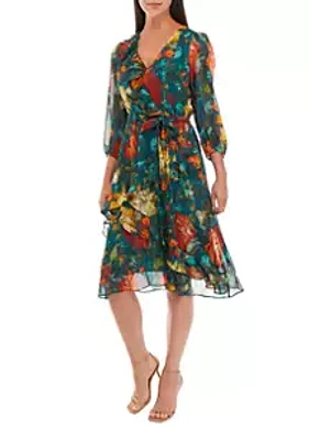 Julian Taylor Women's 3/4 Sleeve V-Neck Floral Chiffon Ruffle Dress