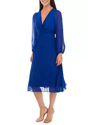 Julian Taylor Women's Long Sleeve Solid Knot Front Pleat Chiffon Midi Dress