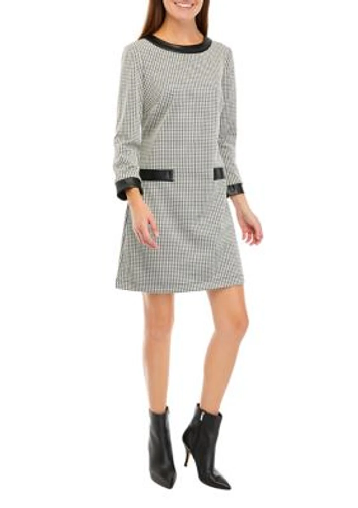 Women's Long Sleeve Houndstooth Sheath Dress with Faux Leather Trim