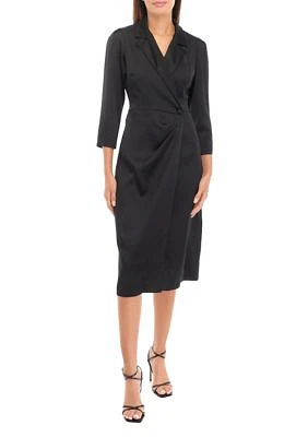 Women's 3/4 Sleeve Satin Collar Solid Sheath Dress