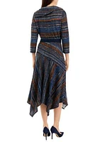 Women's 3/4 Sleeve Stripe Hacci Belted Midi Fit and Flare Dress