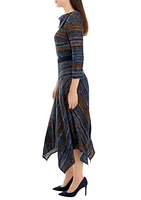 Women's 3/4 Sleeve Stripe Hacci Belted Midi Fit and Flare Dress