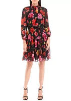 Women's Long Sleeve Tie Waist Floral A-Line Dress