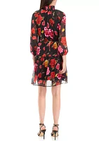 Women's Long Sleeve Tie Waist Floral A-Line Dress