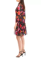 Women's Long Sleeve Tie Waist Floral A-Line Dress