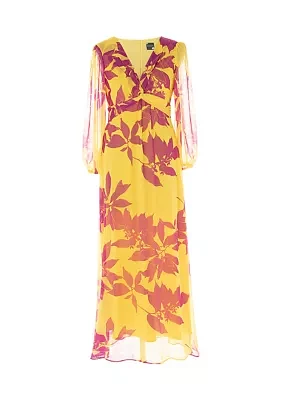 Women's Long Sleeve Floral Print Front Knot Chiffon Maxi Dress