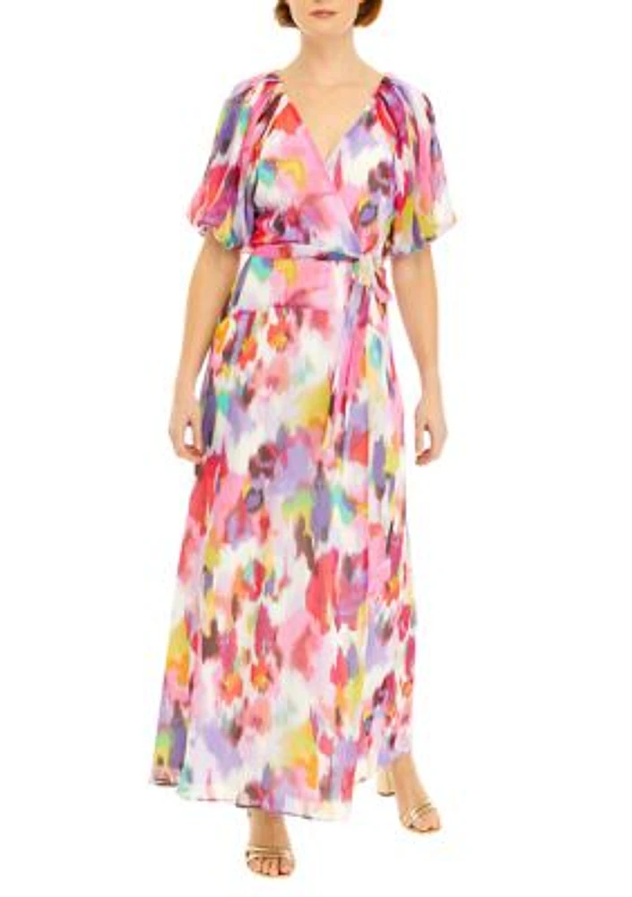 Women's Short Puff Sleeve Printed Surplice Chiffon Maxi Dress