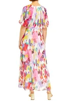 Women's Short Puff Sleeve Printed Surplice Chiffon Maxi Dress