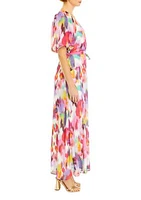 Women's Short Puff Sleeve Printed Surplice Chiffon Maxi Dress