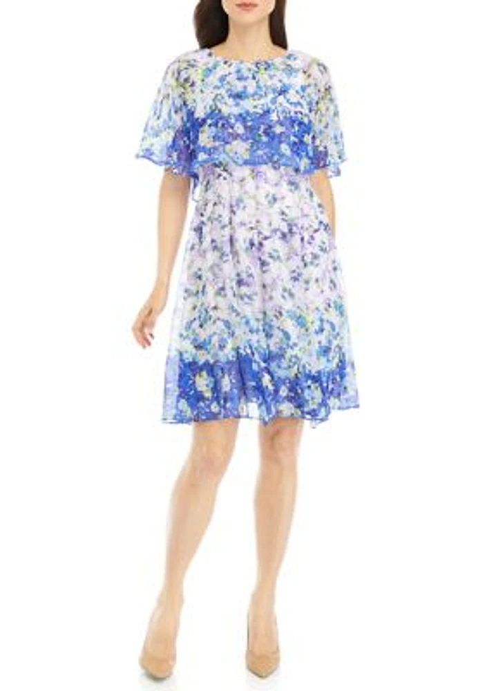 Women's Ombré Floral Printed Chiffon Fit and Flare Dress