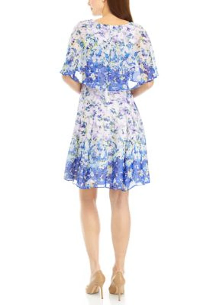 Women's Ombré Floral Printed Chiffon Fit and Flare Dress