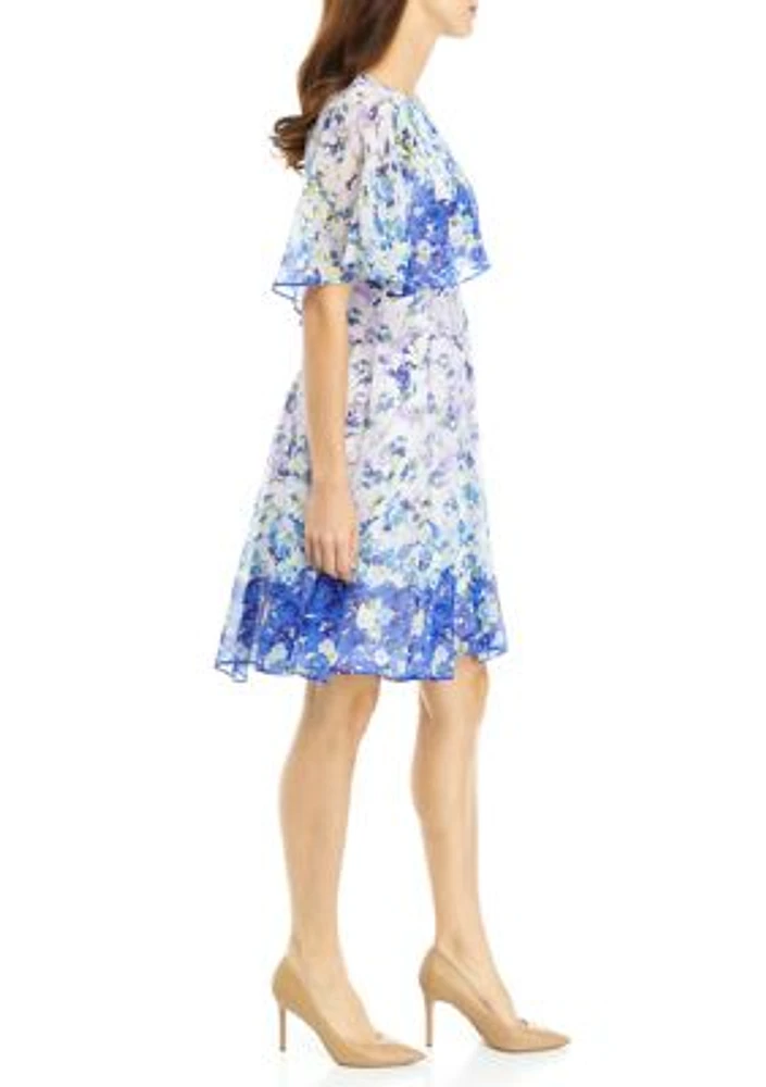 Women's Ombré Floral Printed Chiffon Fit and Flare Dress