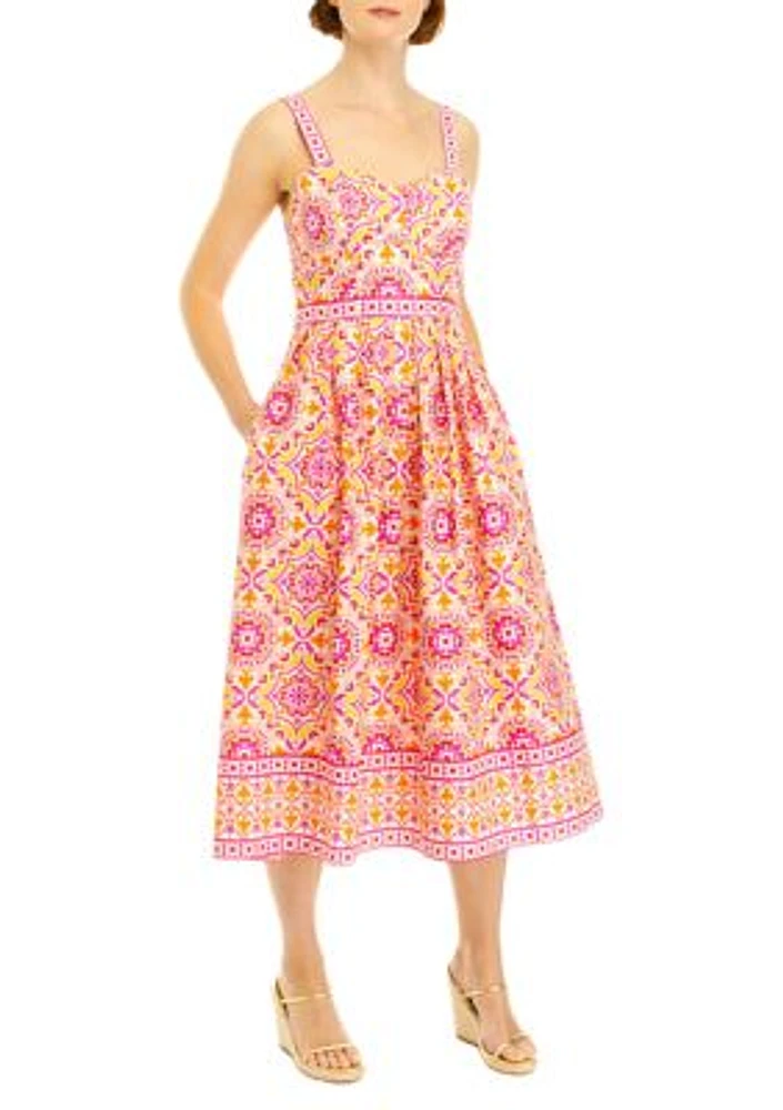 Women's Sleeveless Medallion Print Midi Fit and Flare Dress