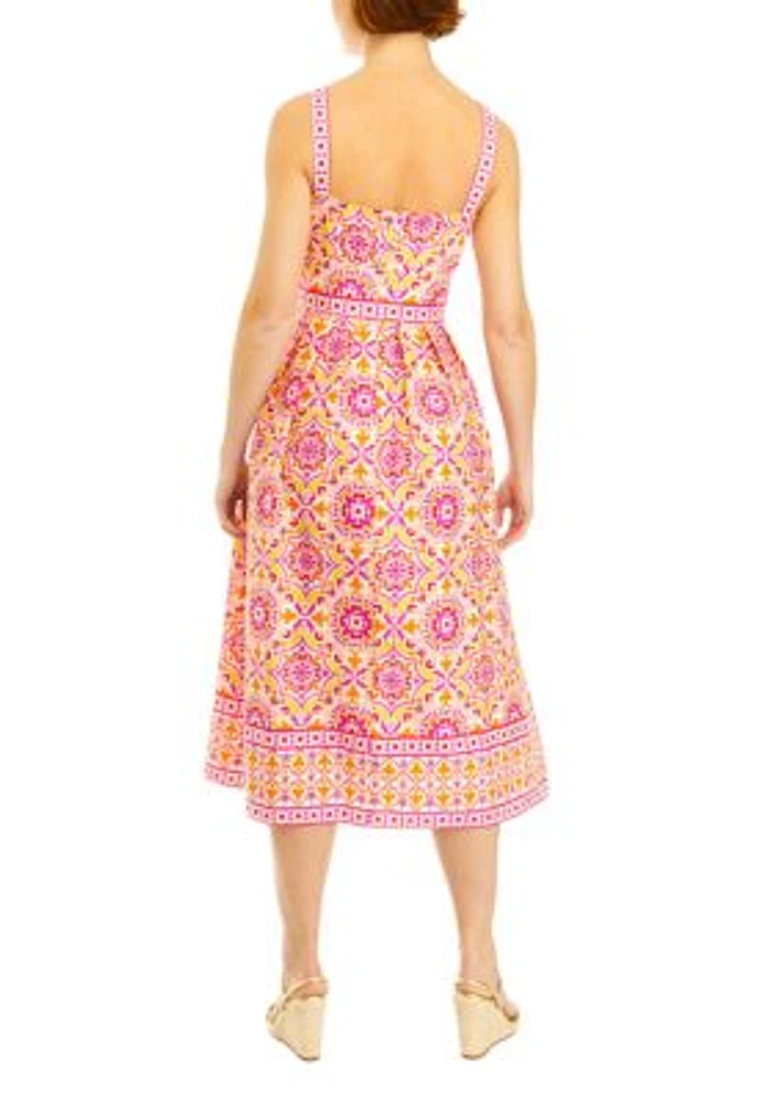 Women's Sleeveless Medallion Print Midi Fit and Flare Dress