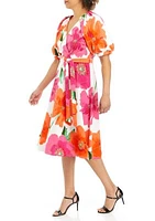 Women's Puff Sleeve Floral Printed Scuba Wrapped Midi Dress