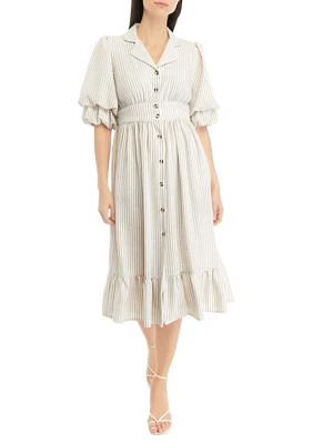 Women's Puff Sleeve Stripe Yarn Dyed Shirt Dress