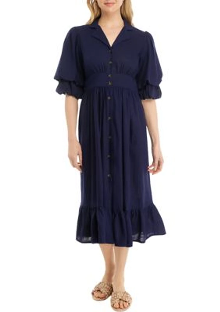 Women's Puff Sleeve Collar Linen Shirt Dress