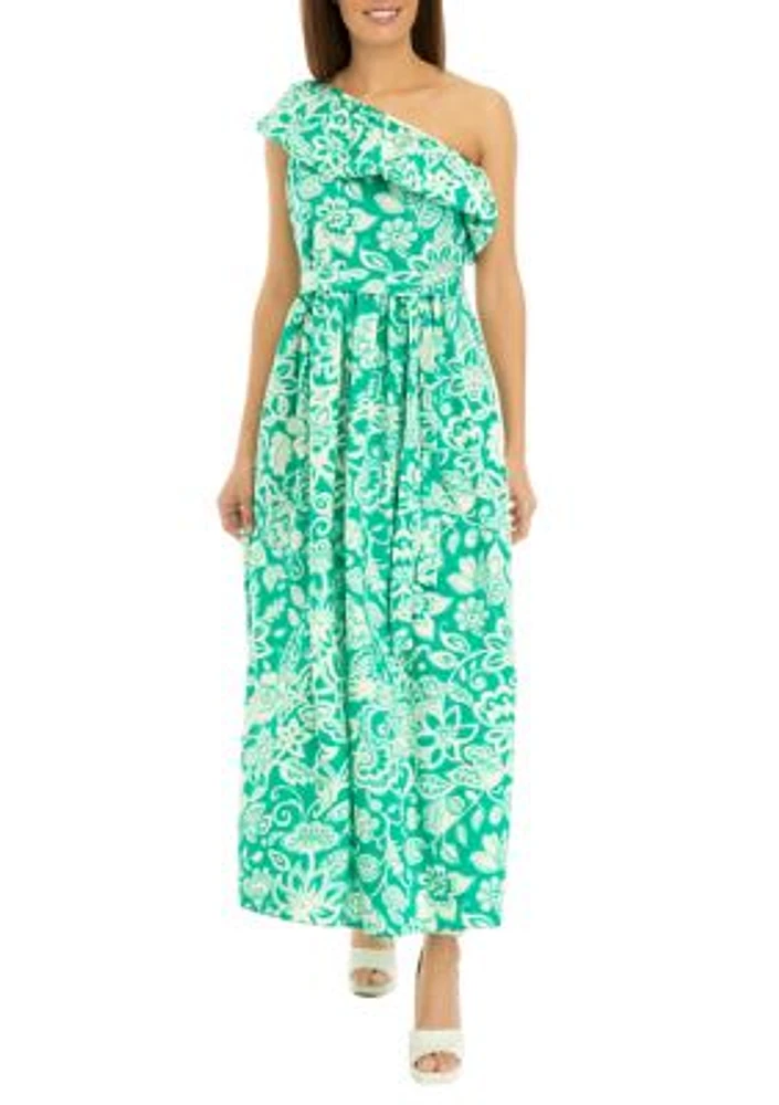 Women's Sleeveless One Shoulder Printed Crepe Maxi Dress