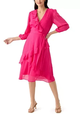 Women's 3/4 Sleeve V-Neck Solid Chiffon Fit and Flare Dress