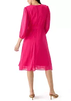 Women's 3/4 Sleeve V-Neck Solid Chiffon Fit and Flare Dress