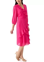 Women's 3/4 Sleeve V-Neck Solid Chiffon Fit and Flare Dress