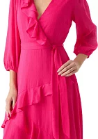 Women's 3/4 Sleeve V-Neck Solid Chiffon Fit and Flare Dress