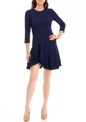 Women's 3/4 Sleeve Crew Neck Solid Ruffle Hem Fit and Flare Dress