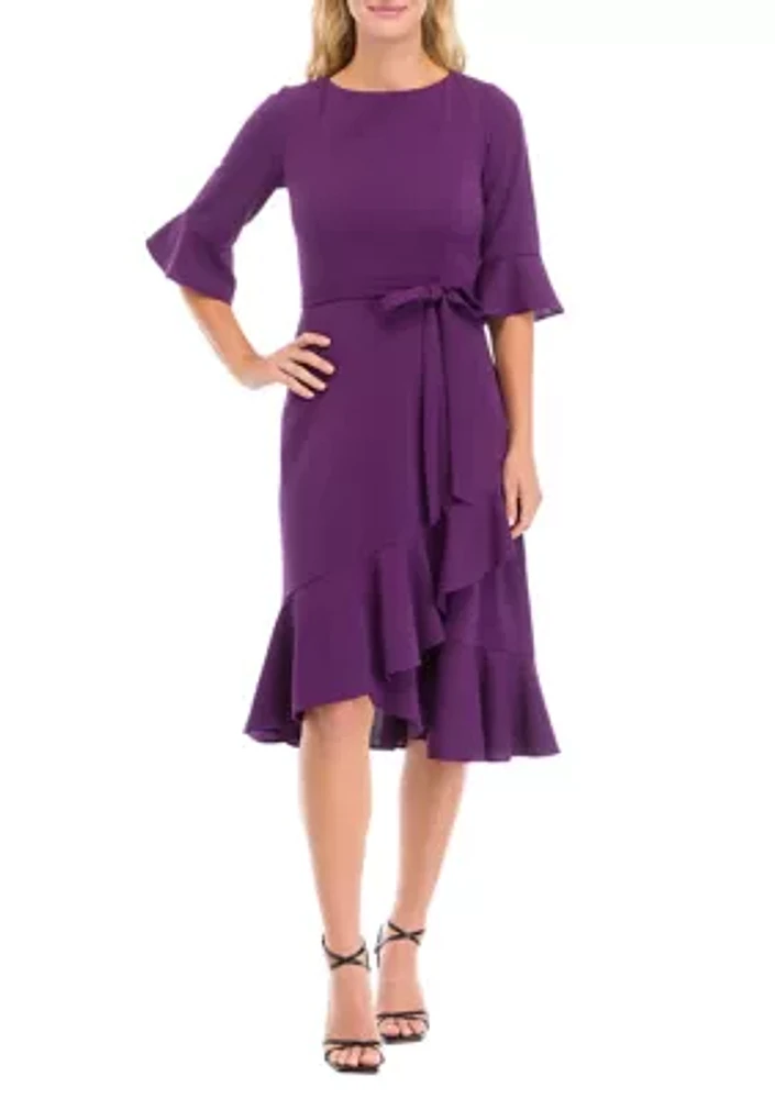 Women's Bell Sleeve Ruffle Crepe Fit and Flare Dress