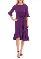 Women's Bell Sleeve Ruffle Crepe Fit and Flare Dress