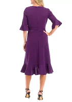 Women's Bell Sleeve Ruffle Crepe Fit and Flare Dress