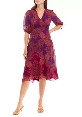 Women's V-Neck Printed Chiffon Fit and Flare Dress