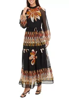 Women's Blouson Sleeve Floral Print Chiffon Maxi Dress