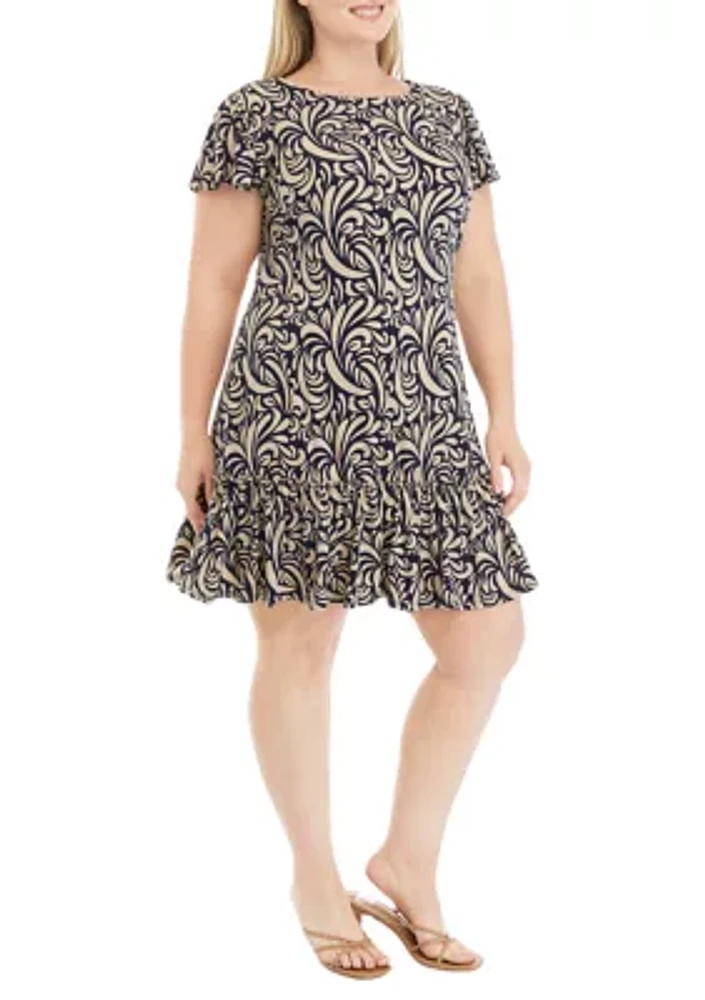 Plus Frill Short Sleeve Printed A-Line Dress