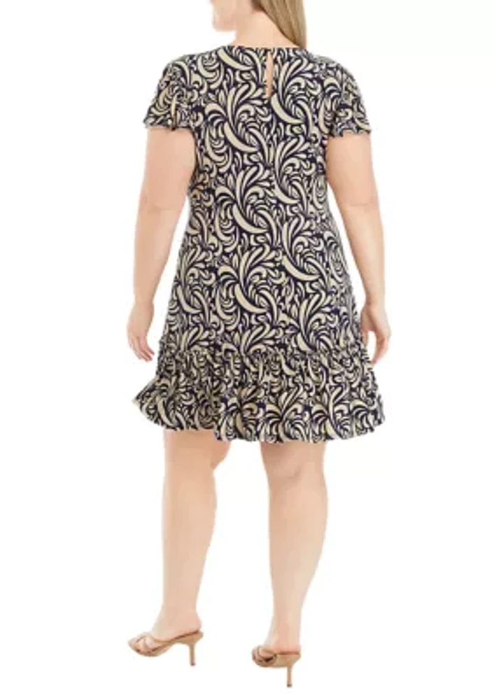 Plus Frill Short Sleeve Printed A-Line Dress