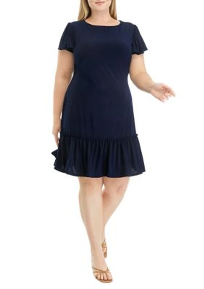 Plus Frill Short Sleeve Solid A-Line Dress