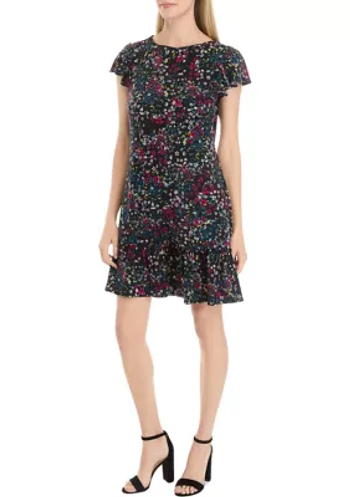 Women's Frill Short Sleeve Round Neck Printed A-Line Dress