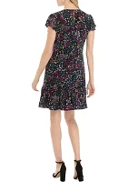 Women's Frill Short Sleeve Round Neck Printed A-Line Dress