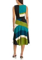 Women's Sleeveless Belted Crepe Color Block Fit and Flare Dress