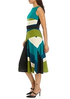 Women's Sleeveless Belted Crepe Color Block Fit and Flare Dress