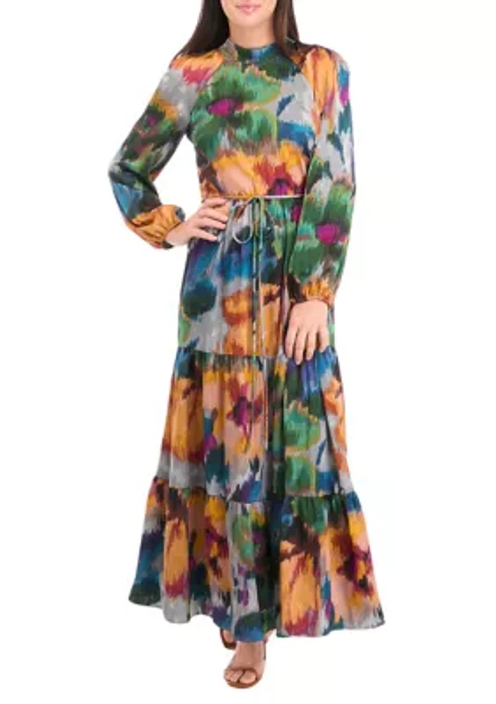 Women's Long Sleeve Mock Neck Floral Printed Satin Maxi Dress