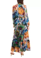 Women's Long Sleeve Mock Neck Floral Printed Satin Maxi Dress