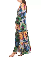 Women's Long Sleeve Mock Neck Floral Printed Satin Maxi Dress