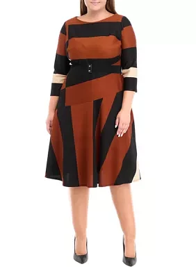 Plus 3/4 Sleeve Printed Belted Fit and Flare Dress