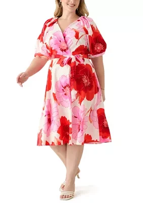 Plus Floral Puff Sleeve Midi Dress