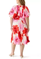 Plus Floral Puff Sleeve Midi Dress