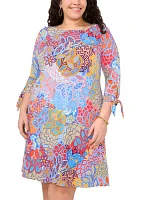 Plus 3/4 Sleeve Patch Print Sheath Dress