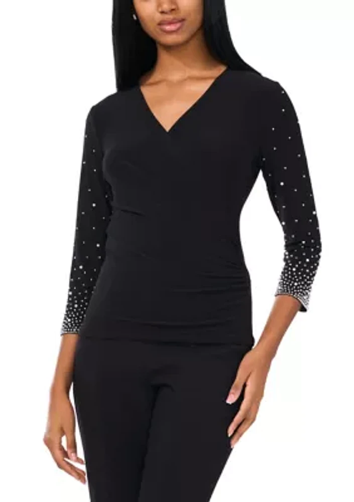 Women's Detailed 3/4 Sleeve V-Neck Top