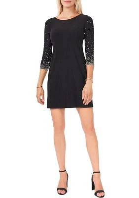 Women's 3/4 Beaded Sleeve Solid Sheath Dress