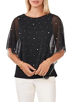 Women's Elbow Sleeve Solid Sequin Sheer Blouse