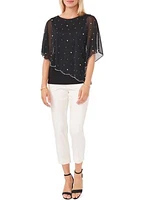 Women's Elbow Sleeve Solid Sequin Sheer Blouse